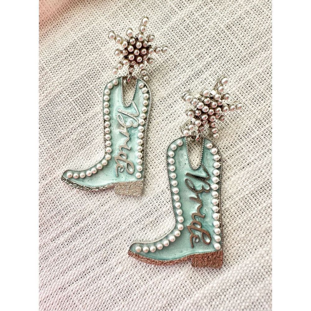 Aqua Turquoise Western Boot Drop Earrings with Silver Beaded Star